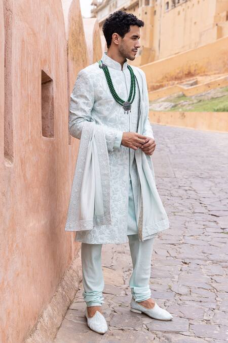Buy_Amit Arora_Blue Silk, Cotton Embroidery Mor Bagh Sherwani Set _Online_at_Aza_Fashions
