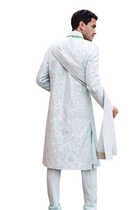 Shop_Amit Arora_Blue Silk, Cotton Embroidery Mor Bagh Sherwani Set _Online_at_Aza_Fashions