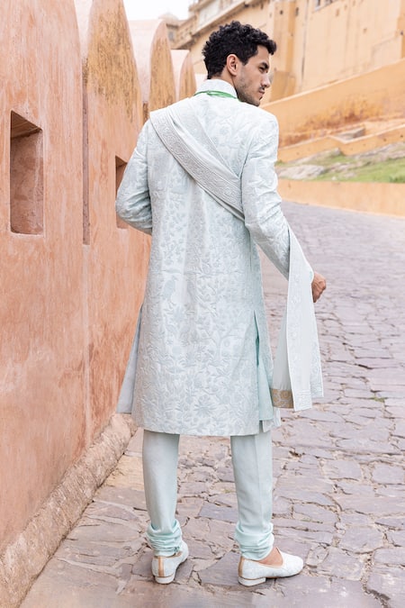 Shop_Amit Arora_Blue Silk, Cotton Embroidery Mor Bagh Sherwani Set _at_Aza_Fashions