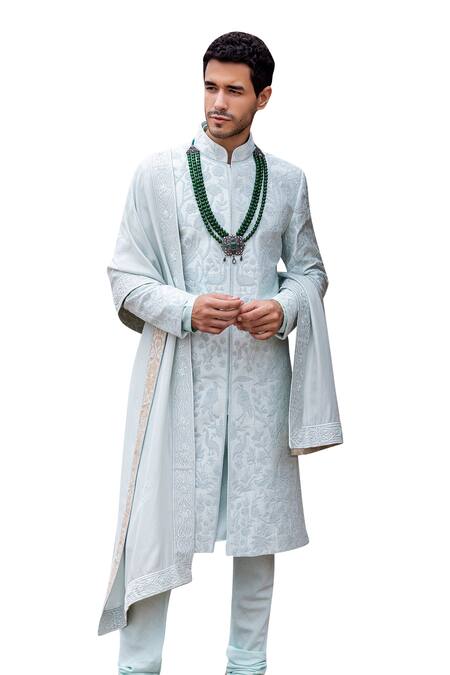 Amit Arora_Blue Silk, Cotton Embroidery Mor Bagh Sherwani Set _at_Aza_Fashions