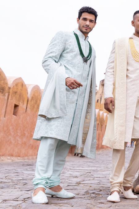 Shop_Amit Arora_Blue Silk, Cotton Embroidery Mor Bagh Sherwani Set 
