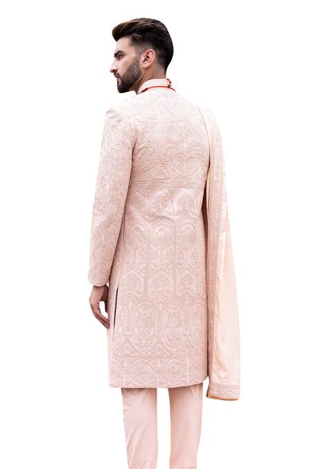 Amit Arora_Pink Silk, Cotton Embroidery Mughal Garden Sherwani Set _Online_at_Aza_Fashions