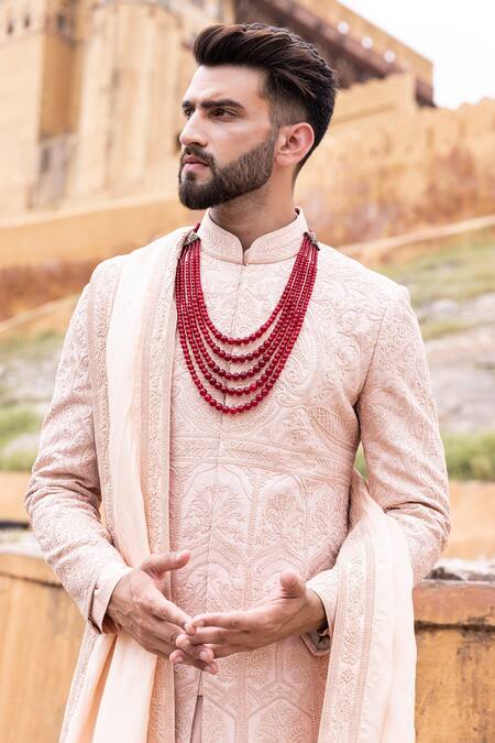 Buy_Amit Arora_Pink Silk, Cotton Embroidery Mughal Garden Sherwani Set _Online_at_Aza_Fashions