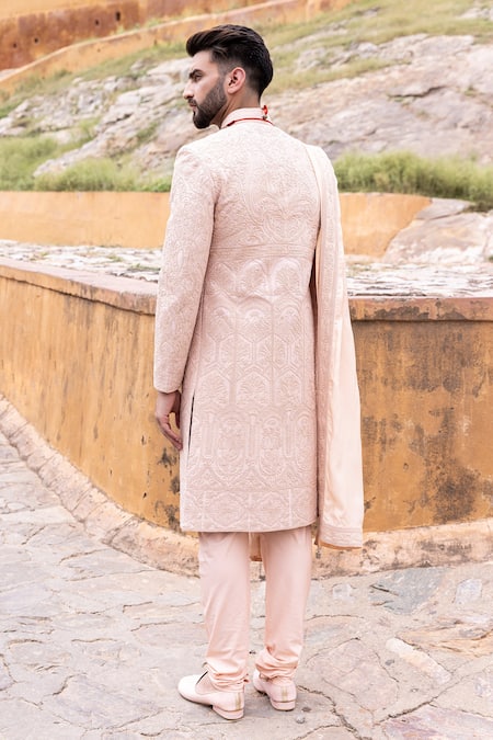 Shop_Amit Arora_Pink Silk, Cotton Embroidery Mughal Garden Sherwani Set _at_Aza_Fashions