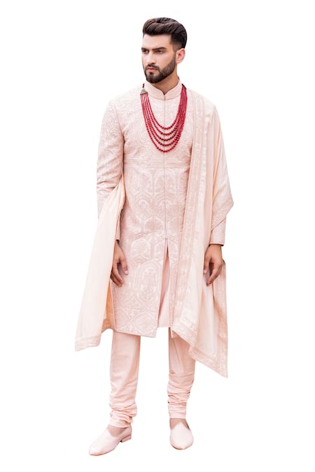 Shop_Amit Arora_Pink Silk, Cotton Embroidery Mughal Garden Sherwani Set _Online_at_Aza_Fashions