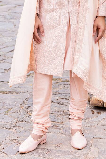 Amit Arora_Pink Silk, Cotton Embroidery Mughal Garden Sherwani Set _at_Aza_Fashions