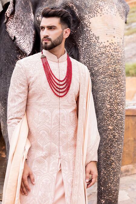 Buy_Amit Arora_Pink Silk, Cotton Embroidery Mughal Garden Sherwani Set 