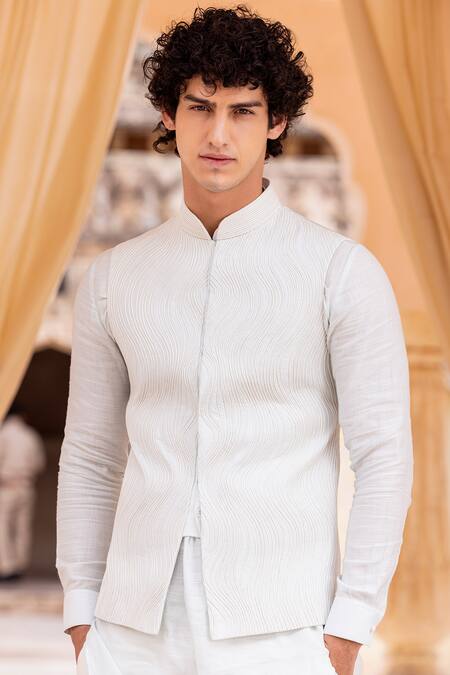 Shop Amit Arora Blue Cotton, Silk Diamonds Swirl Leather Dori Embroidered Bundi Set Online at Aza Fashions Shop_Amit Arora_Blue Cotton, Silk Diamonds Swirl Leather Dori Embroidered Bundi Set _Online_at_Aza_Fashions