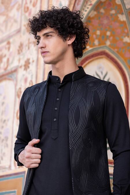 Shop_Amit Arora_Black Cotton Diamonds Helix Leather Dori Embroidered Bundi Set _Online_at_Aza_Fashions