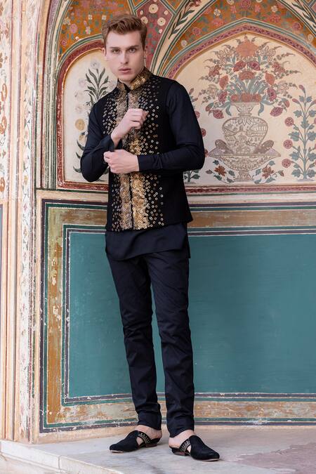 Shop Amit Arora Black Cotton, Modal, Silk Sequins Embroidered Bundi Kurta Set Online at Aza Fashions Shop_Amit Arora_Black Cotton, Modal, Silk Sequins Embroidered Bundi Kurta Set _Online_at_Aza_Fashions