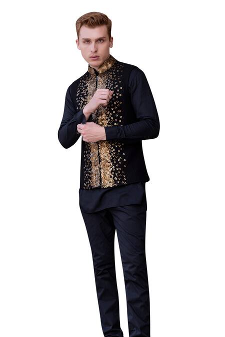 Amit Arora Black Cotton, Modal, Silk Sequins Embroidered Bundi Kurta Set at Aza Fashions Amit Arora_Black Cotton, Modal, Silk Sequins Embroidered Bundi Kurta Set _at_Aza_Fashions