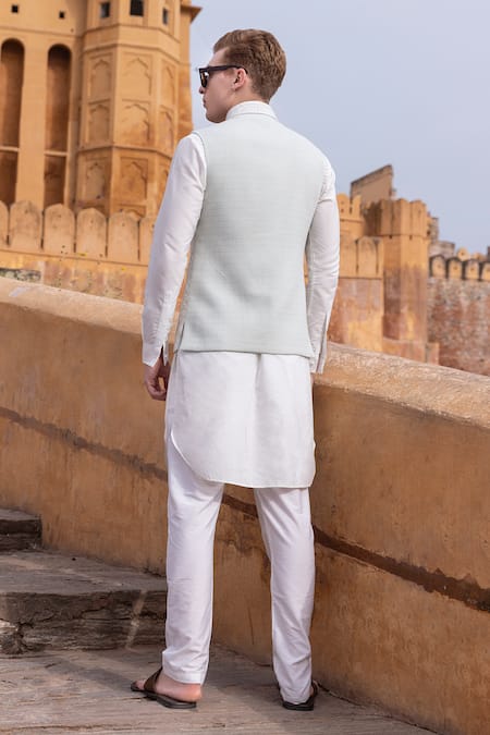 Shop Amit Arora Green Cotton, Rayon, Silk Embroidery Mughlai Blossom Bundi Set at Aza Fashions Shop_Amit Arora_Green Cotton, Rayon, Silk Embroidery Mughlai Blossom Bundi Set _at_Aza_Fashions