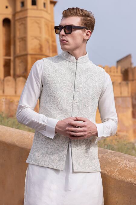 Amit Arora Green Cotton, Rayon, Silk Embroidery Mughlai Blossom Bundi Set Online at Aza Fashions Amit Arora_Green Cotton, Rayon, Silk Embroidery Mughlai Blossom Bundi Set _Online_at_Aza_Fashions