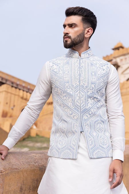 Shop Amit Arora Blue Cotton, Silk, Rayon Embroidery Mughal Vine Bundi Set at Aza Fashions Shop_Amit Arora_Blue Cotton, Silk, Rayon Embroidery Mughal Vine Bundi Set _at_Aza_Fashions