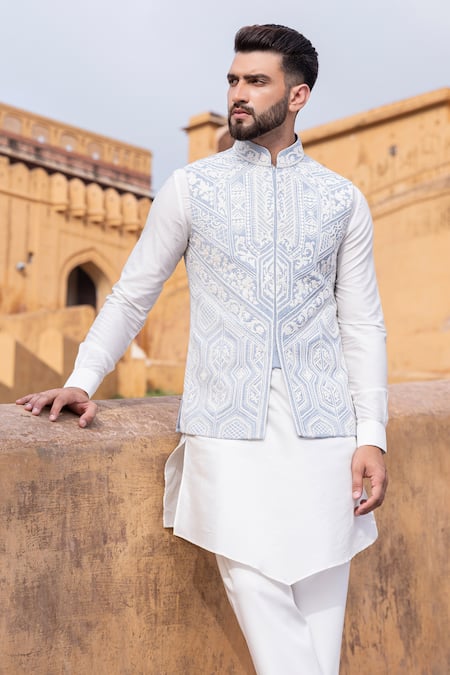 Amit Arora Blue Cotton, Silk, Rayon Embroidery Mughal Vine Bundi Set Online at Aza Fashions Amit Arora_Blue Cotton, Silk, Rayon Embroidery Mughal Vine Bundi Set _Online_at_Aza_Fashions