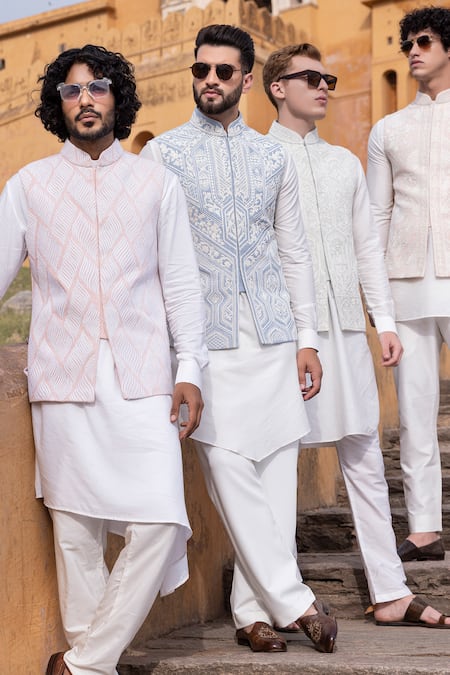 Buy Amit Arora Blue Cotton, Silk, Rayon Embroidery Mughal Vine Bundi Set Online at Aza Fashions Buy_Amit Arora_Blue Cotton, Silk, Rayon Embroidery Mughal Vine Bundi Set _Online_at_Aza_Fashions