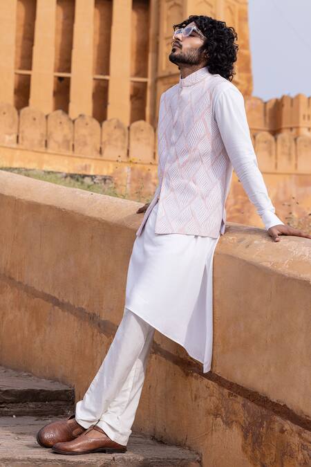 Buy Amit Arora Pink Cotton, Silk, Rayon Embroidery Foliage Swerve Bundi Kurta Set Online at Aza Fashions Buy_Amit Arora_Pink Cotton, Silk, Rayon Embroidery Foliage Swerve Bundi Kurta Set _Online_at_Aza_Fashions