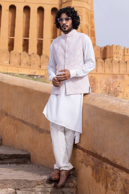 Shop Amit Arora Pink Cotton, Silk, Rayon Embroidery Foliage Swerve Bundi Kurta Set Online at Aza Fashions Shop_Amit Arora_Pink Cotton, Silk, Rayon Embroidery Foliage Swerve Bundi Kurta Set _Online_at_Aza_Fashions