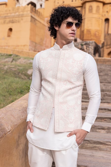Amit Arora_Peach Cotton, Silk, Rayon Embroidery Phoolista Bundi Kurta Set _Online_at_Aza_Fashions