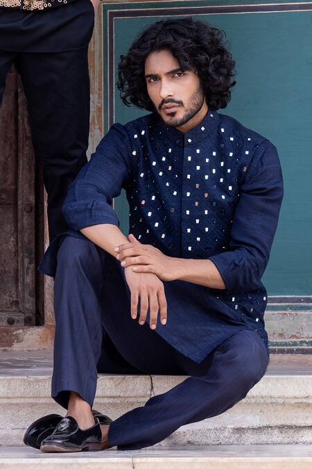 Buy Amit Arora Blue Cotton, Silk Mirrors, Embroidery Sheesh Mahal Bundi Set Online at Aza Fashions Buy_Amit Arora_Blue Cotton, Silk Mirrors, Embroidery Sheesh Mahal Bundi Set _Online_at_Aza_Fashions