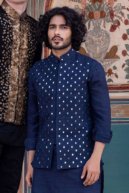 Shop Amit Arora Blue Cotton, Silk Mirrors, Embroidery Sheesh Mahal Bundi Set Online at Aza Fashions Shop_Amit Arora_Blue Cotton, Silk Mirrors, Embroidery Sheesh Mahal Bundi Set _Online_at_Aza_Fashions