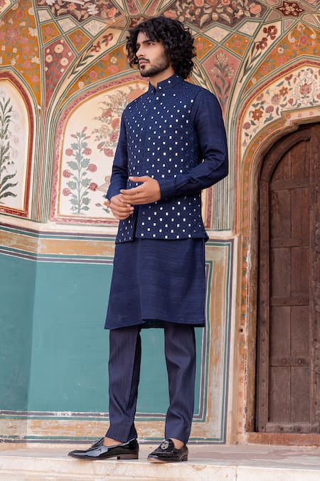 Shop Amit Arora Blue Cotton, Silk Mirrors, Embroidery Sheesh Mahal Bundi Set at Aza Fashions Shop_Amit Arora_Blue Cotton, Silk Mirrors, Embroidery Sheesh Mahal Bundi Set _at_Aza_Fashions