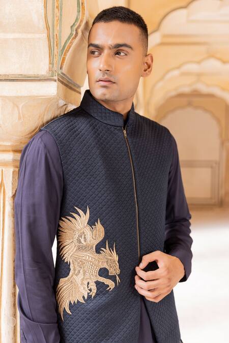 Buy Amit Arora Blue Cotton, Silk Zari Quilted Dragon Embroidered Bundi Kurta Set Online at Aza Fashions Buy_Amit Arora_Blue Cotton, Silk Zari Quilted Dragon Embroidered Bundi Kurta Set _Online_at_Aza_Fashions