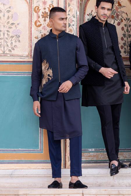 Shop Amit Arora Blue Cotton, Silk Zari Quilted Dragon Embroidered Bundi Kurta Set Online at Aza Fashions Shop_Amit Arora_Blue Cotton, Silk Zari Quilted Dragon Embroidered Bundi Kurta Set _Online_at_Aza_Fashions