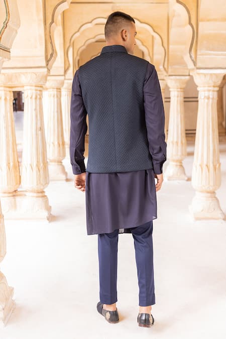 Shop Amit Arora Blue Cotton, Silk Zari Quilted Dragon Embroidered Bundi Kurta Set at Aza Fashions Shop_Amit Arora_Blue Cotton, Silk Zari Quilted Dragon Embroidered Bundi Kurta Set _at_Aza_Fashions