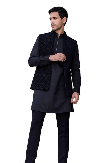 Buy Amit Arora Black Velvet, Cotton, Silk Embroidery Geometric French Knot Bundi Kurta Set Online at Aza Fashions Buy_Amit Arora_Black Velvet, Cotton, Silk Embroidery Geometric French Knot Bundi Kurta Set _Online_at_Aza_Fashions