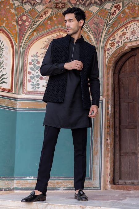 Shop Amit Arora Black Velvet, Cotton, Silk Embroidery Geometric French Knot Bundi Kurta Set Online at Aza Fashions Shop_Amit Arora_Black Velvet, Cotton, Silk Embroidery Geometric French Knot Bundi Kurta Set _Online_at_Aza_Fashions