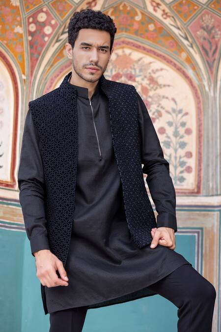 Amit Arora Black Velvet, Cotton, Silk Embroidery Geometric French Knot Bundi Kurta Set at Aza Fashions Amit Arora_Black Velvet, Cotton, Silk Embroidery Geometric French Knot Bundi Kurta Set _at_Aza_Fashions