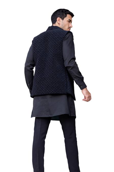 Buy Amit Arora Black Velvet, Cotton, Silk Embroidery Geometric French Knot Bundi Kurta Set Buy_Amit Arora_Black Velvet, Cotton, Silk Embroidery Geometric French Knot Bundi Kurta Set