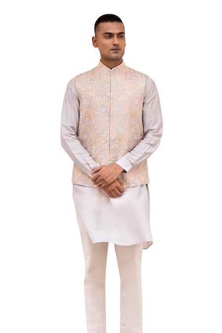 Amit Arora_Gray Silk, Cotton Embroidery Kashmiri Bundi Kurta Set_Online_at_Aza_Fashions