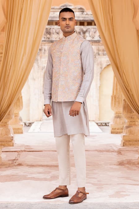 Shop_Amit Arora_Gray Silk, Cotton Embroidery Kashmiri Bundi Kurta Set_Online_at_Aza_Fashions