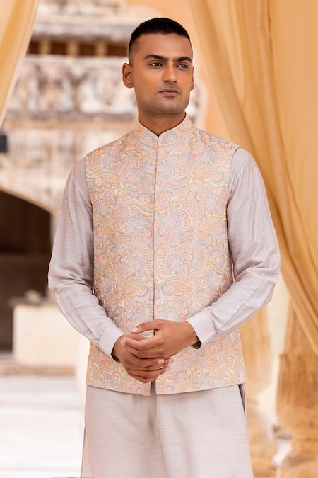 Amit Arora_Gray Silk, Cotton Embroidery Kashmiri Bundi Kurta Set_at_Aza_Fashions