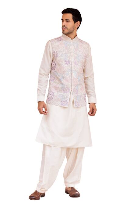 Amit Arora_Cream Cotton, Silk Embroidery Kashmiri Paisley Bundi Set_Online_at_Aza_Fashions