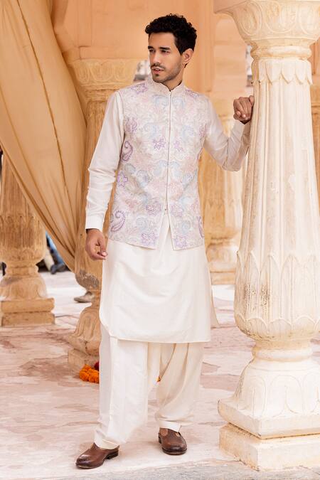 Shop_Amit Arora_Cream Cotton, Silk Embroidery Kashmiri Paisley Bundi Set_Online_at_Aza_Fashions