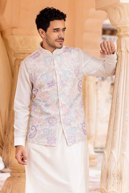 Amit Arora_Cream Cotton, Silk Embroidery Kashmiri Paisley Bundi Set_at_Aza_Fashions