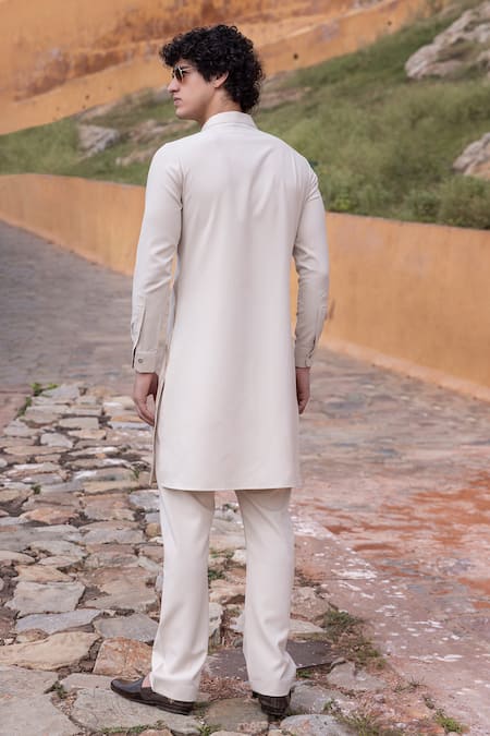 Shop Amit Arora Beige Polyester Tape Work Kurta With Aligadi Pant at Aza Fashions Shop_Amit Arora_Beige Polyester Tape Work Kurta With Aligadi Pant _at_Aza_Fashions