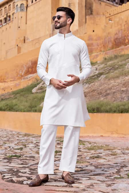 AMIT ARORA White Poly Knit Tape Geometric Work Kurta With Aligadi Pant 