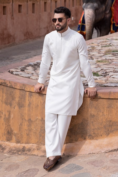 Shop Amit Arora White Polyester Geometric Tape Work Kurta With Aligadi Pant at Aza Fashions Shop_Amit Arora_White Polyester Geometric Tape Work Kurta With Aligadi Pant _at_Aza_Fashions