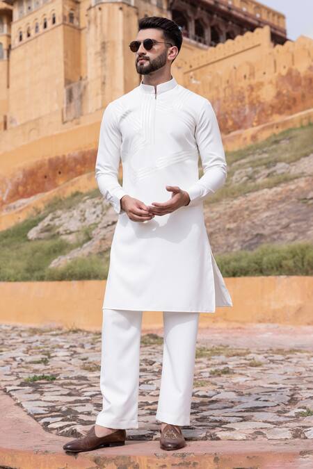 Amit Arora White Polyester Geometric Tape Work Kurta With Aligadi Pant Online at Aza Fashions Amit Arora_White Polyester Geometric Tape Work Kurta With Aligadi Pant _Online_at_Aza_Fashions