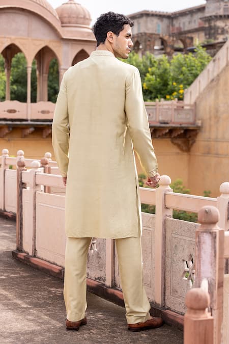 Shop_Amit Arora_Gold Mohair, Silk Metallic Thread Floral Work Kurta With Aligadi Pant _at_Aza_Fashions