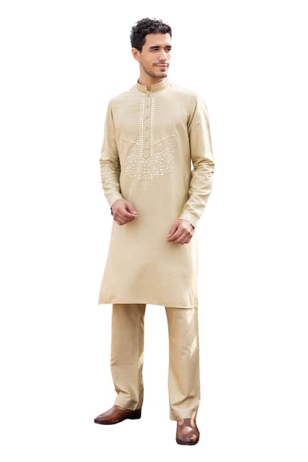 Amit Arora_Gold Mohair, Silk Metallic Thread Floral Work Kurta With Aligadi Pant _Online_at_Aza_Fashions