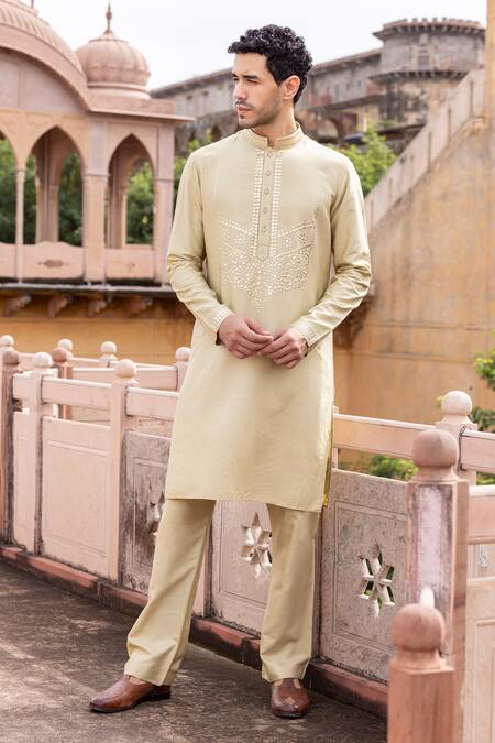 Buy_Amit Arora_Gold Mohair, Silk Metallic Thread Floral Work Kurta With Aligadi Pant _Online_at_Aza_Fashions