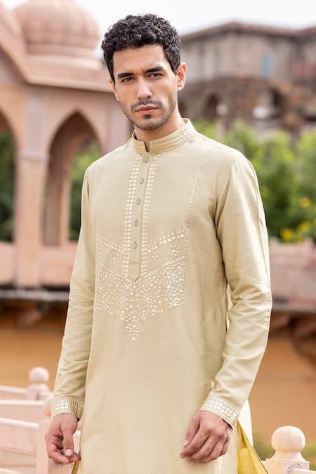 Shop_Amit Arora_Gold Mohair, Silk Metallic Thread Floral Work Kurta With Aligadi Pant _Online_at_Aza_Fashions