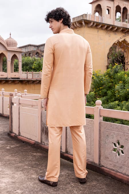 Shop Amit Arora Peach Mohair, Silk Metallic Thread Geometric Work Kurta With Aligadi Pant at Aza Fashions Shop_Amit Arora_Peach Mohair, Silk Metallic Thread Geometric Work Kurta With Aligadi Pant _at_Aza_Fashions