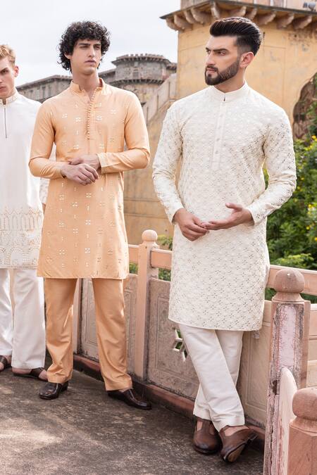 Amit Arora Peach Mohair, Silk Metallic Thread Geometric Work Kurta With Aligadi Pant Online at Aza Fashions Amit Arora_Peach Mohair, Silk Metallic Thread Geometric Work Kurta With Aligadi Pant _Online_at_Aza_Fashions