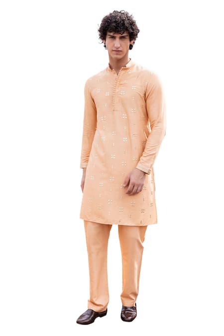 Buy Amit Arora Peach Mohair, Silk Metallic Thread Geometric Work Kurta With Aligadi Pant Online at Aza Fashions Buy_Amit Arora_Peach Mohair, Silk Metallic Thread Geometric Work Kurta With Aligadi Pant _Online_at_Aza_Fashions